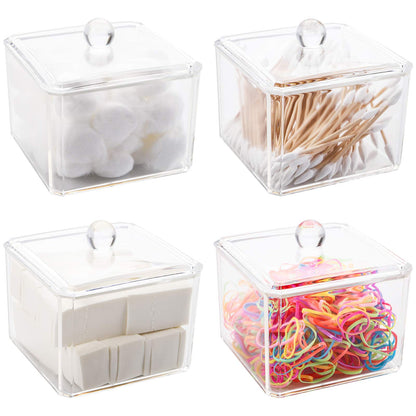 Hedume 4 Pack Swabs Dispenser Holder, 15 Oz Clear Acrylic Canister Set, Modern Square Bathroom Vanity Countertop Storage Organizer for Cotton Ball, Cotton Swab, Cottons Rounds, Bath Salts
