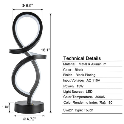 Mayful RGB Modern Table Lamp with 15W LED Spiral Spiral Design, Black Nightstand Lamp & Small Bedside Lamp, Touch Dimmable with 7 Colors & 10 Modes for Bedroom, Living Room, Office
