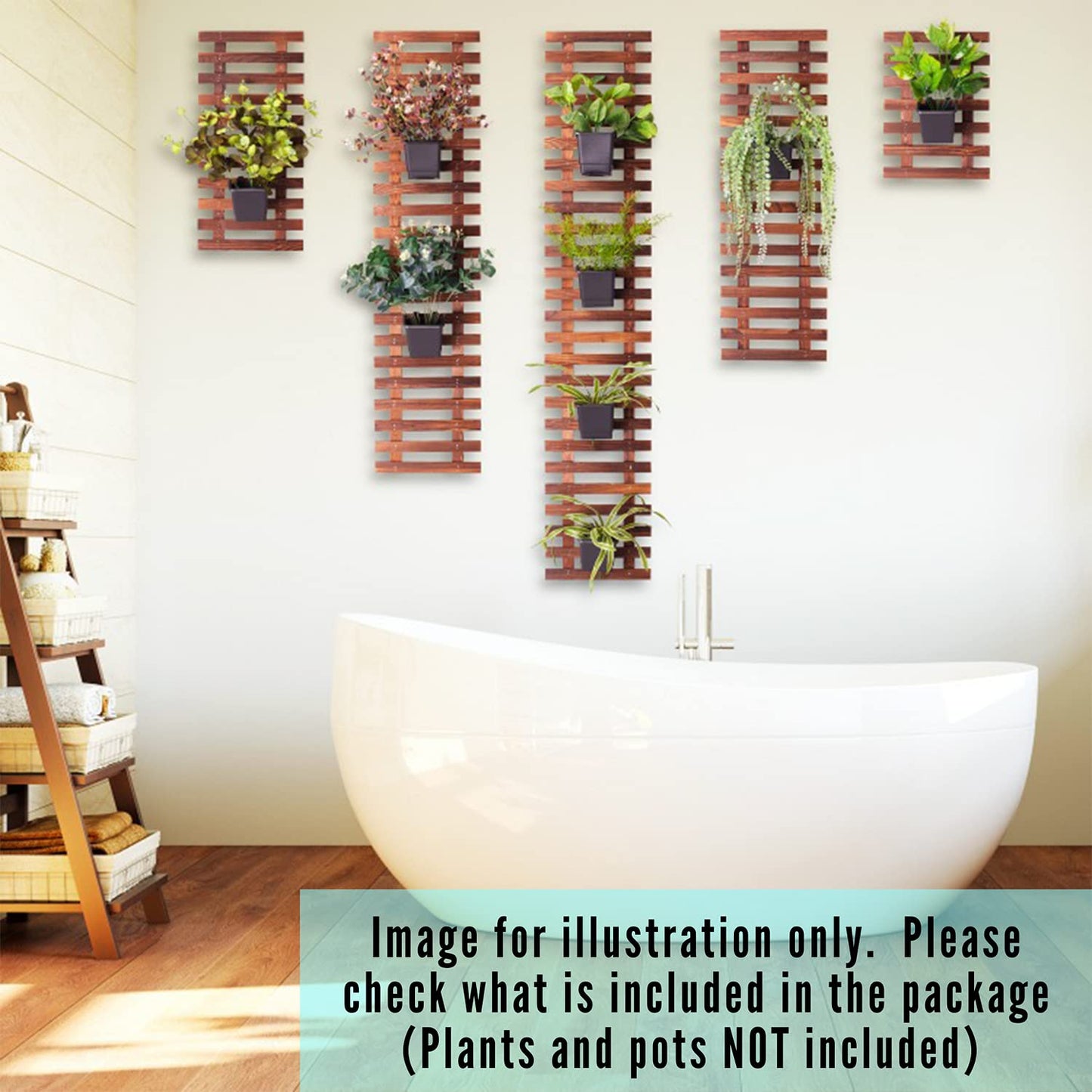 ShopLaLa Bundle- 2 Pack, 35.4 Wooden Plant Holder + 10 Pack, 4 Inch White Self Watering Plastic Pots Large Unique Modern Vertical Wall Mount Hydroponic Garden System Outdoor Planter Dark Brown Decor