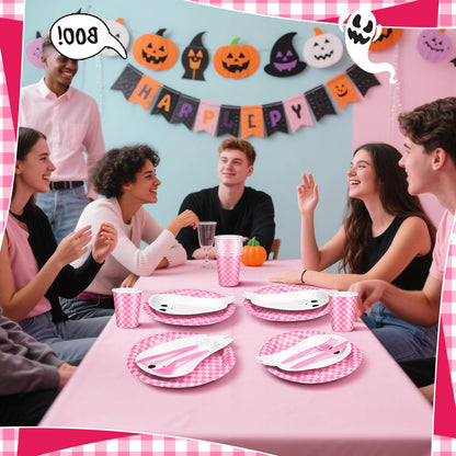 Yungyan 144 Pcs/24 Set Summer Halloween Paper Plates and Napkins Boo Ghost Plates Pink Cups with Forks and Knife Halloween Party Tableware Set for Spooky Birthday Party Decoration Boo Baby Shower