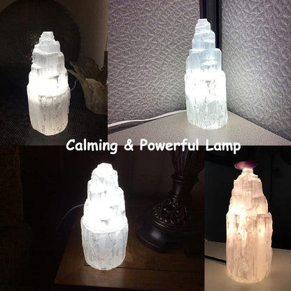 JIC Gem Natural Selenite Lamp 8" White Selenite Crystal Rock Tower Lamp with Switch Cord and LED Bulb