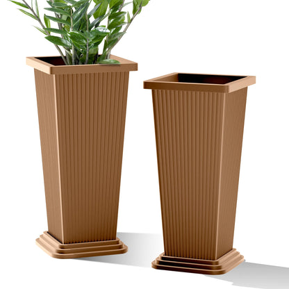 FENCY Set of 2 Tall Planters for Outdoor Plants, 24 Inch Large Tapered Pots with Drainage Trays, Weather-Resistant Plastic Plant Containers for Patio, Porch, Garden, Front Door Decor,Brown, Striped