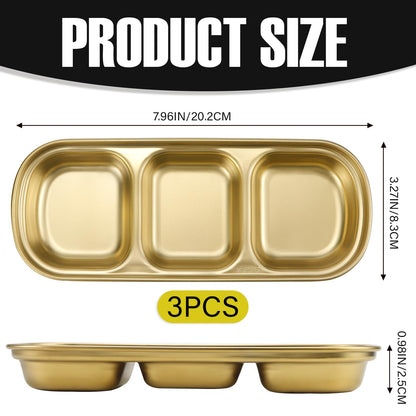 LCJAOF 3Pcs Stainless Steel Dipping Bowls-3 Compartment Appetizer Serving Tray, Soy Sauce Dish for Condiments, BBQ Sauce, and Seasoning, Dishwasher Safe, Gold