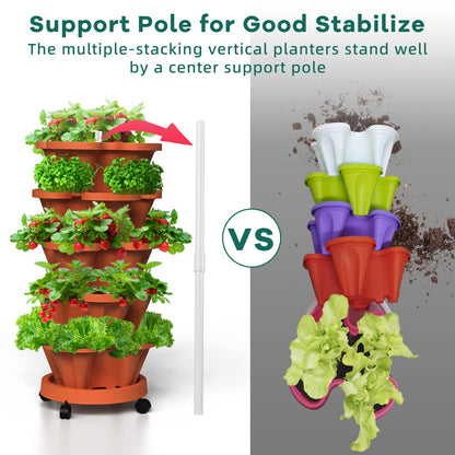 Tectsia Strawberry Vertical Planter, 5 Tiered Stacking Garden Tower, Stackable Herb Vegetable Planters with Support Pole Indoor and Outdoor - Terra Cotta