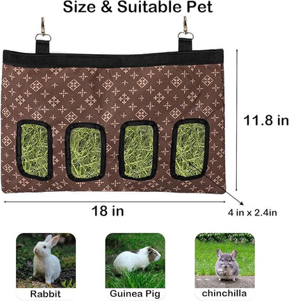 Rabbit Hay Feeder Bag, Large Capacity Rabbit Hay Bag Small Animal Hanging Hay Bag 600D Oxford Cloth Bunny Hay Feeder Bag for Rabbits Guinea Pigs Chinchillas (Brown-4 Holes-1Pcs)