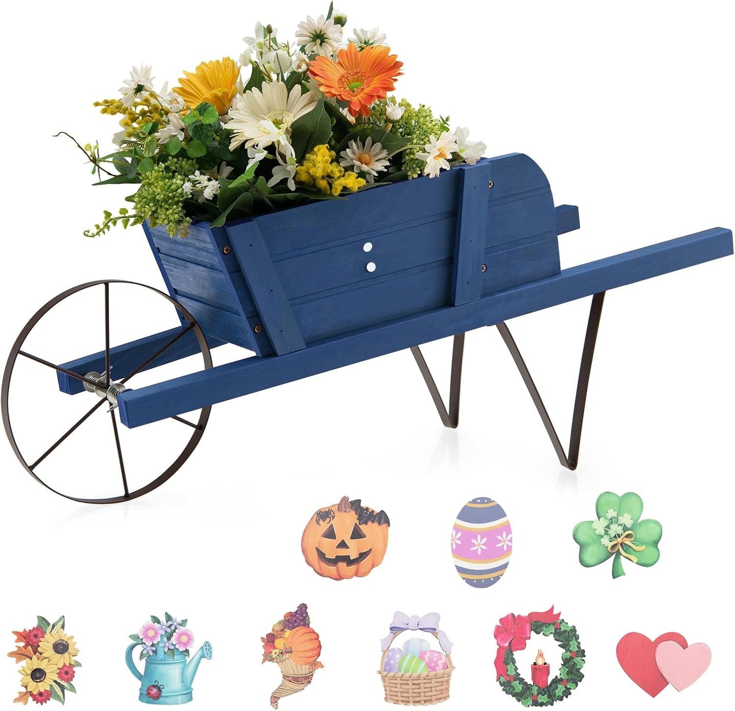 HAPPYGRILL Wooden Wagon Planter, Small Flower Planter Box w/Triangular Metal Support, 2 Energy-Saving Handles, Movable Wheel, Wood Wheelbarrow Cart Pot for Garden Backyard Holiday (Blue)