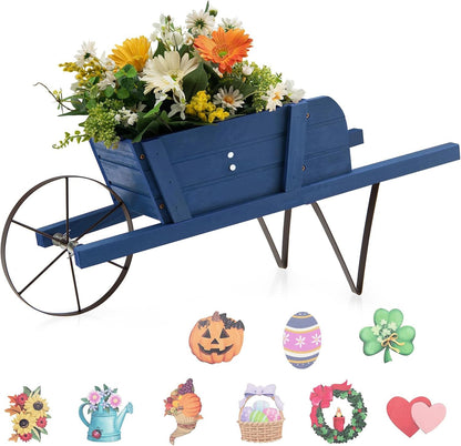 HAPPYGRILL Wooden Wagon Planter, Small Flower Planter Box w/Triangular Metal Support, 2 Energy-Saving Handles, Movable Wheel, Wood Wheelbarrow Cart Pot for Garden Backyard Holiday (Blue)