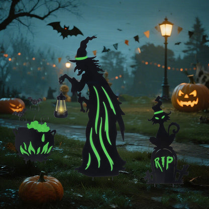 Prsildan Halloween Decorations Outdoor - 3 Pack Metal Witch Yard Stakes with Solar Lantern & Glow in The Dark Cauldron + Tombstone, Lighted Witches Silhouette Decor for Porch Garden Lawn Cemetery