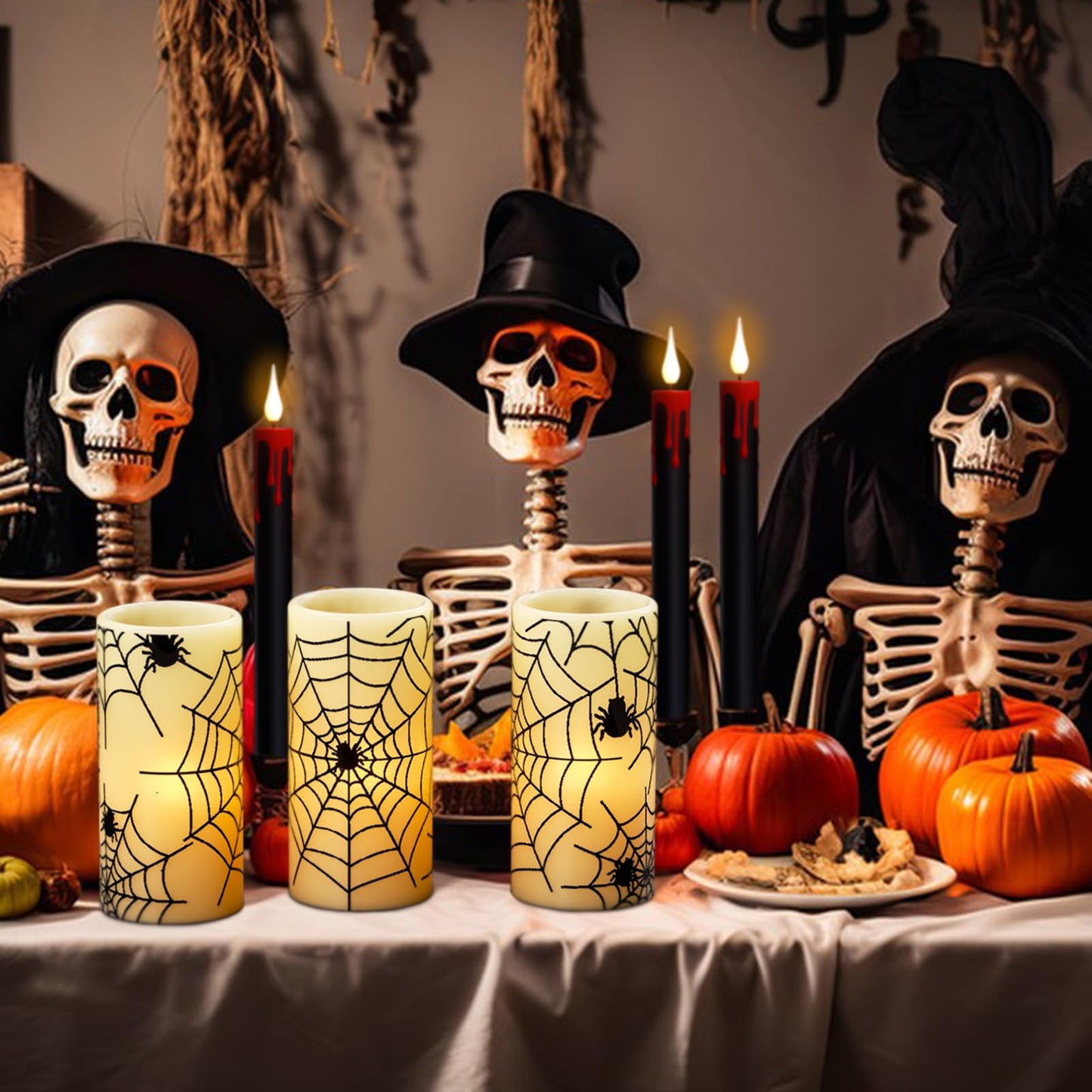 GenSwin Halloween LED Flickering Flameless Candles Battery Operated with Spider Decals, 3 Pcs Pillar Candlestick Real Wax with 6H Timer for Decoration