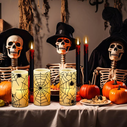 GenSwin Halloween LED Flickering Flameless Candles Battery Operated with Spider Decals, 3 Pcs Pillar Candlestick Real Wax with 6H Timer for Decoration