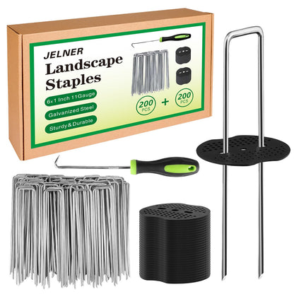 JELNER Garden Stakes,6 Inch 11 Gauge 200pcs Galvanized Landscape Staples and 200pcs Gaskets +1Pick Hook, Tent Stakes Landscaping Fabric SOD Pins for Weed Fabric Barrier,Groud Cover,Fence