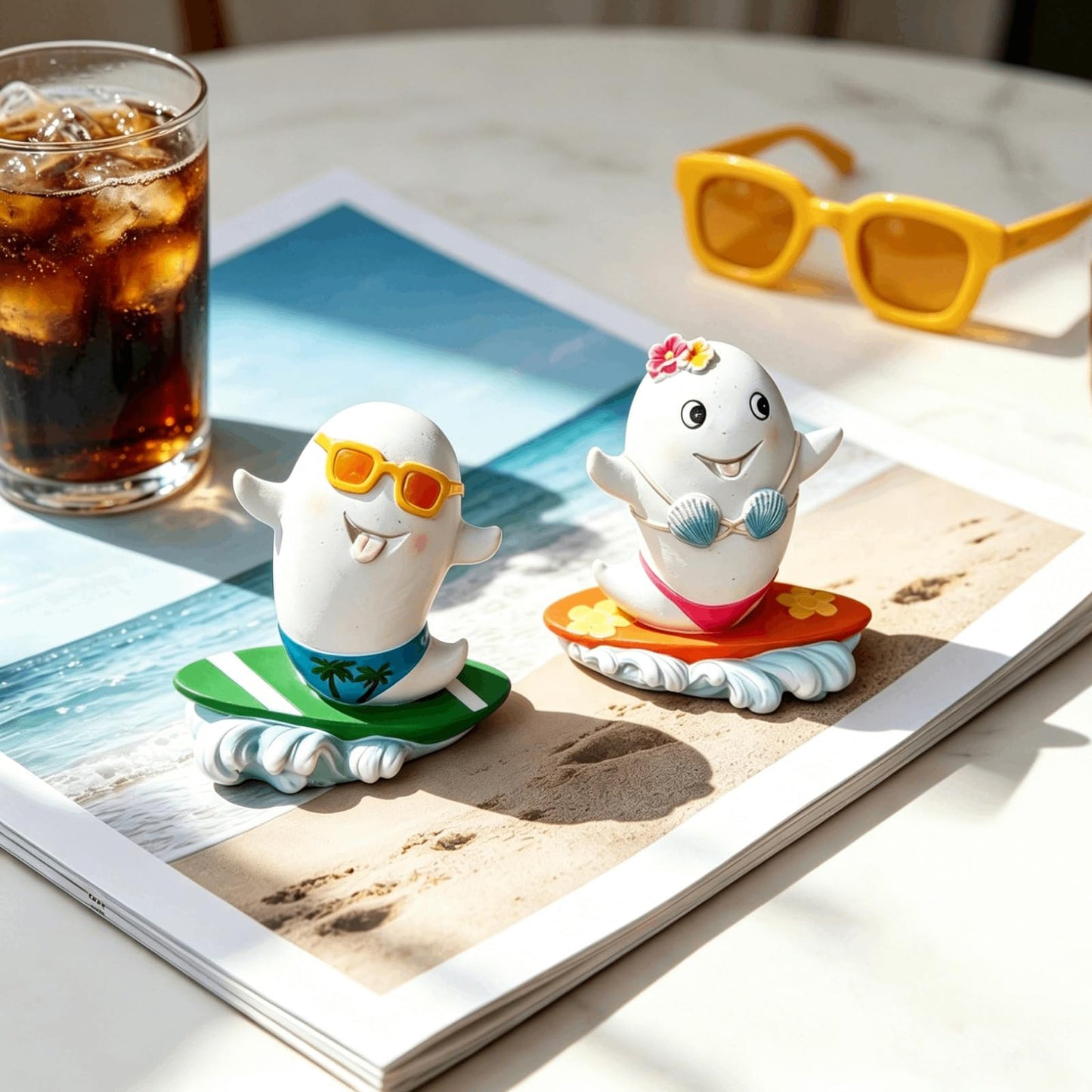 DiliComing Summerween Ghost Figurines Summer Decor - 4 Inch Set of 2 Cute Surfing Ghost Resin Statues Summer Party Tropical Beach Themed Collectible Figurines for Home Decor Halloween Decorations