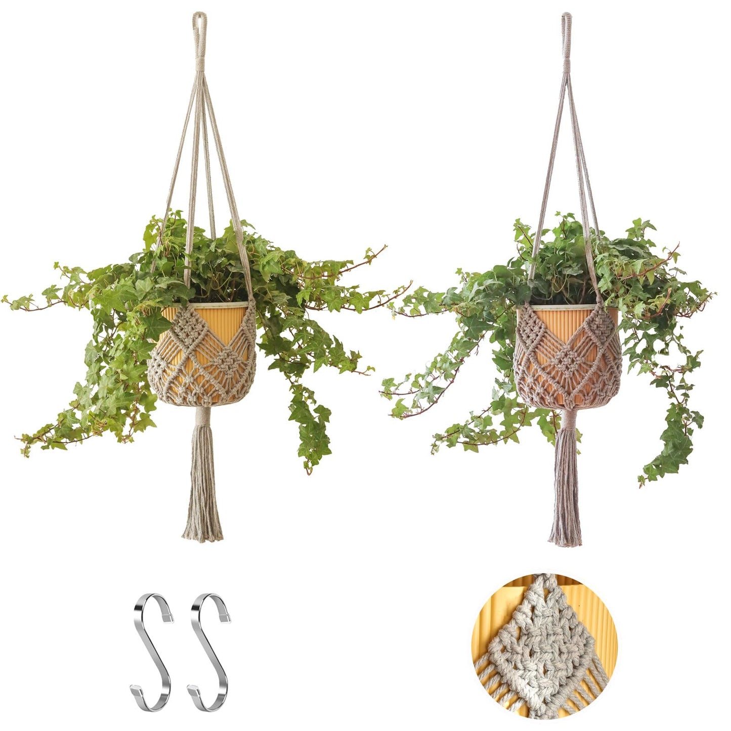 XINBOR Hanging Planter with Patterns,2Packs Macrame Plant Hangers Indoor Macrame for up to 8 inch Pot Crochet Boho Plant Hanger Holder for Indoor Outdoor with 2S Shaped Stainless Steel Hooks (Gray)