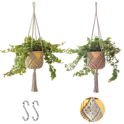 XINBOR Hanging Planter with Patterns,2Packs Macrame Plant Hangers Indoor Macrame for up to 8 inch Pot Crochet Boho Plant Hanger Holder for Indoor Outdoor with 2S Shaped Stainless Steel Hooks (Gray)