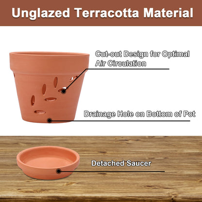 JUXYES 6 Pack Small Terracotta Orchid Pots with Holes and Saucers, Clay Orchid Planter Pots for Repotting, Plant Flower Pots for Orchid Indoor and Outdoor Promotes Air Circulation, 4 Inches