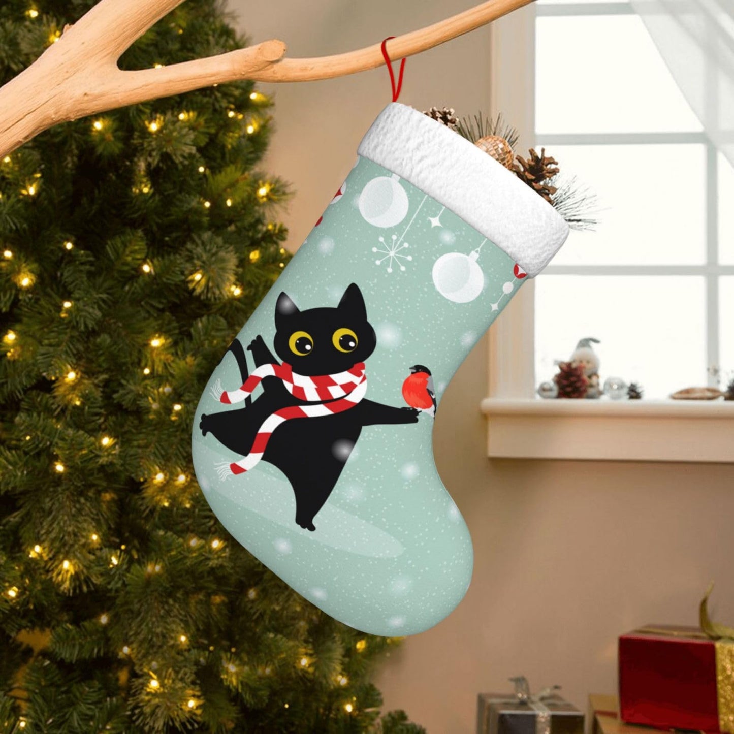 Cute Cat Christmas Stockings Hanging Decoration Stockings 17.7 Inch Xmas Stockings for Fireplace Family Party Holiday Decor 1PCS