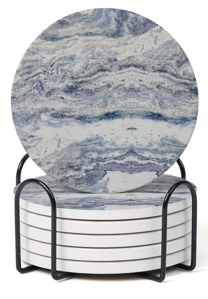 Hoomey Set of 6 Navy Abstract Onyx Marble Coasters with Holder, Absorbent Ceramic Coasters for Drinks, Coasters with Cork Backing for Table Protection, Coffee Table Decor