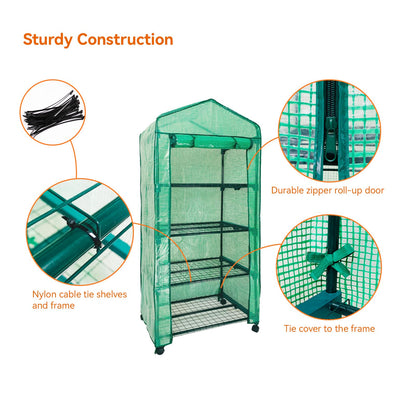 Grandhom Mini Greenhouse,4 Tier Small Portable Greenhouses Kit with Caster Wheels and Roll-up Zipper PE Cover,Green House for Indoor Outdoor Seedling and Plant Growing 27.6" L x 19.7" W x 65" H,Green