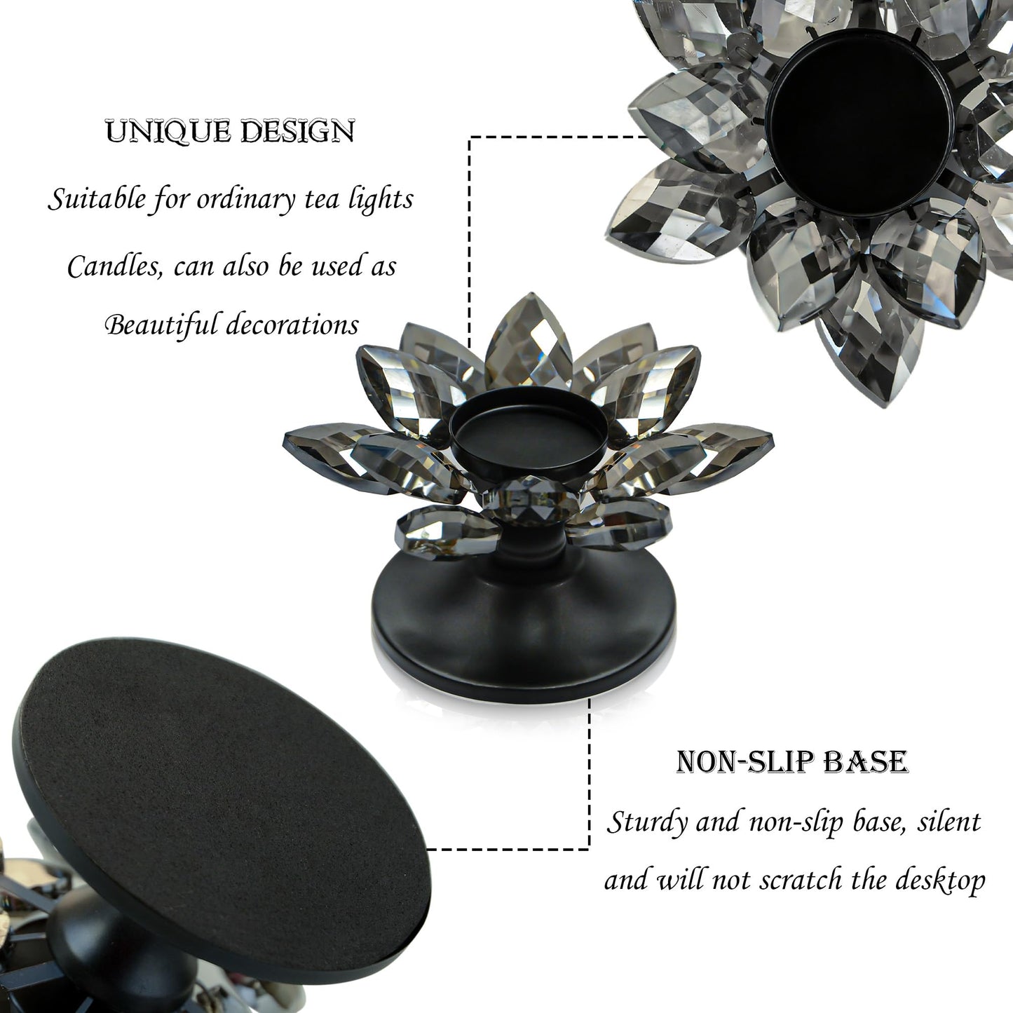 2 PCS Black Crystal Flower Tea Light Holder, Glass Tealight Candlestick with Metal Base, Votive Candle for Table Centerpiece, Wedding/Parties Decor, Nice Gift