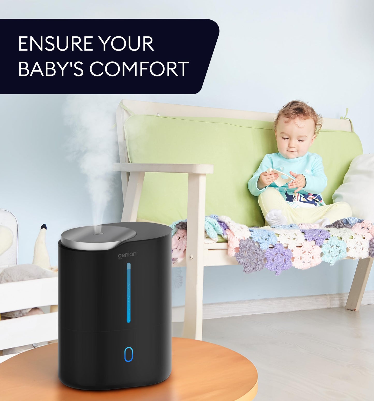 GENIANI Ultrasonic Cool Mist Humidifier for Bedroom, Large Rooms, Home, 4L - Easy Fill & Clean Humidifier for Plants w/Auto Shut-off, 40H Runtime - Quiet, Top Fill Air Humidifier