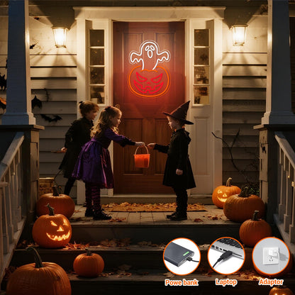 Halloween Pumpkin Neon Sign Decor Indoor, Ghost Halloween Window Lights Decorations LED Neon Sings for Wall Decor (Ghost Pumpkin)