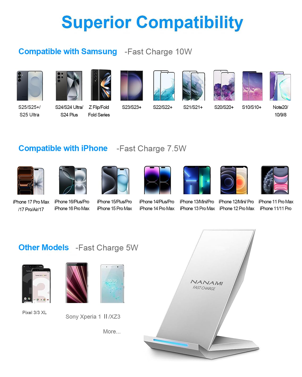 Fast Wireless Charger, NANAMI Wireless Charging Stand Compatible iPhone 17/17 Air/17 Pro/16/16 Plus/15/14/13/12, Desktop Charger Dock Phone Charging Stand for Samsung Galaxy S26/S25/S24/S23/S22/S21