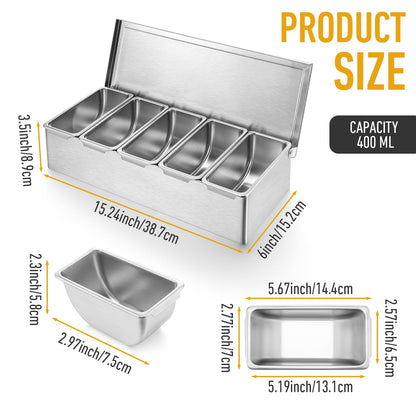 wutfuooo Pizza Topping Station, Condiment Station, Stainless Steel Pizza Topping Station with 5 Removable Containers for Salad Bar and Nacho Bar Topping Station and Grill Table