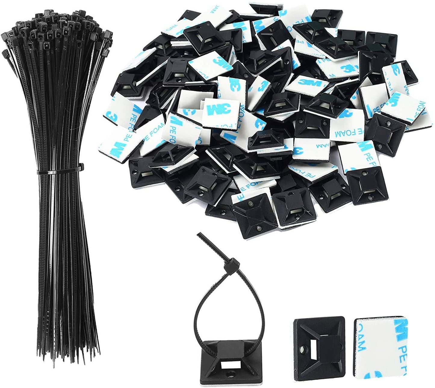 Zip Tie Mounts - SeuYeugX 100PCS Cable Self Adhesive Mounts Set for Wire Management with Stick Pads Anchors Clips Squares Holders (Black)