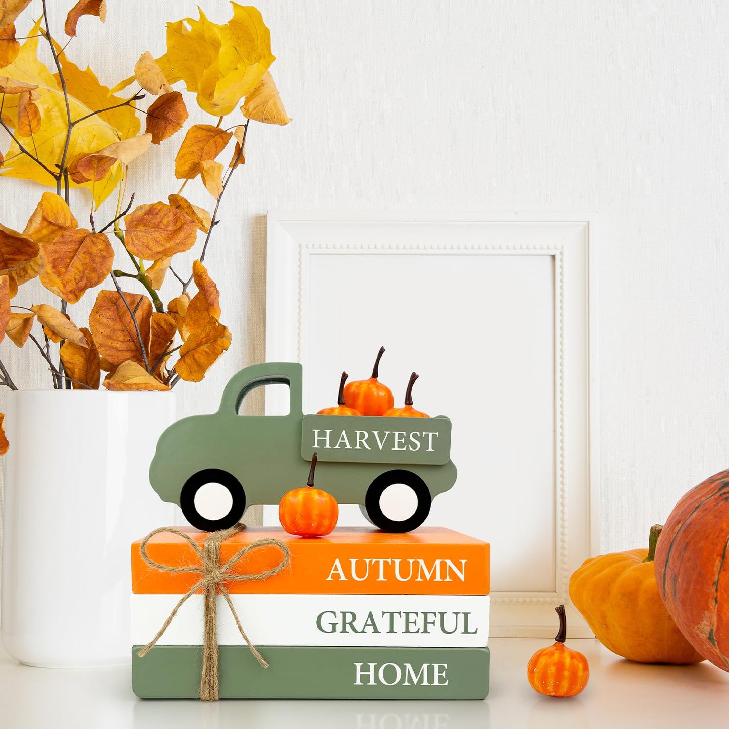 Thanksgiving Decorations for Home Indoor, Wooden Farmhouse Harvest Decor Signs with Book Stack, 3D Truck, 5 Pumpkins for Office Table Tiered Tray, Thanksgiving Centerpiece Gifts for Bedroom Desk