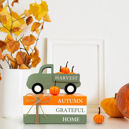 Thanksgiving Decorations for Home Indoor, Wooden Farmhouse Harvest Decor Signs with Book Stack, 3D Truck, 5 Pumpkins for Office Table Tiered Tray, Thanksgiving Centerpiece Gifts for Bedroom Desk