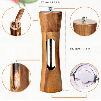GCFTIFF Acrylic Wooden Salt and Pepper Grinder Set, Solid Acacia Wood Shakers with Adjustable Ceramic Steel Core,Manual Pepper Mill with Wooden Stand & Spoon(2pcs,8 inches)