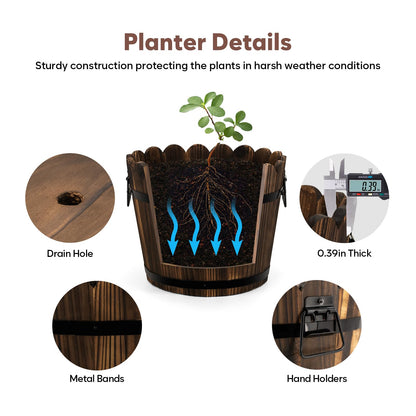 HakkaGirl Wooden Barrel Planters Flower Pots for Indoor Outdoor Plants, 10+11.5 inch Rustic Patio Garden Front Porch Planters Plant Pots Outdoor Decor Set of 2