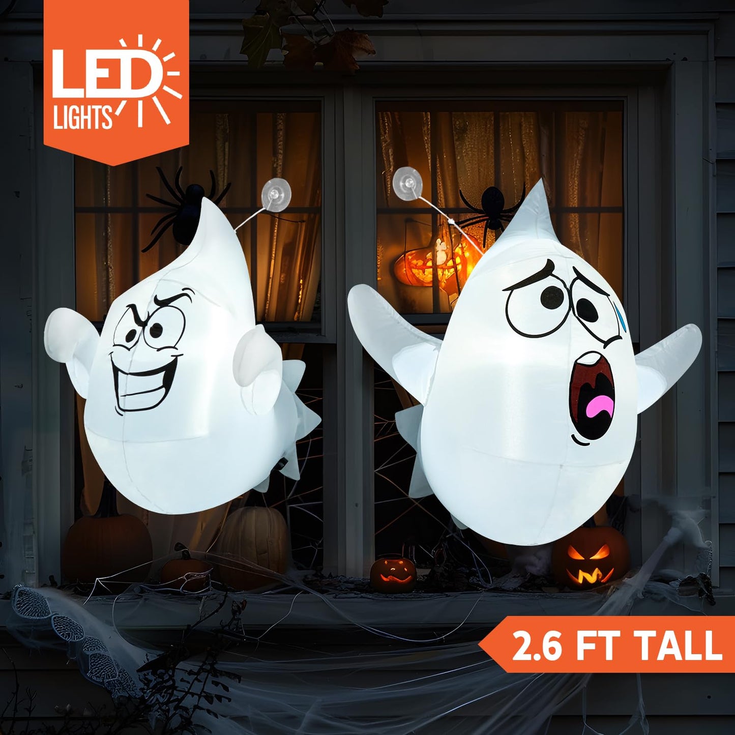Joiedomi 2 Pcs Halloween Inflatables Outdoor Decorations, Halloween Blow Ups Ghost with Built-in LEDs, Cute Window Inflatable Ghost for Window Decorations