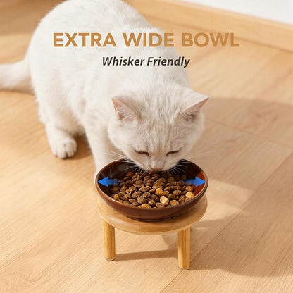 Havniva Elevated Cat Bowls Raised Ceramic Cat Bowl, 5.7” Wide Opening Cat Food Bowl Whisker Friendly Cat Dish Anti-Slip with Bamboo Stand, Shallow Pet Food & Water Bowl for Indoor Cats