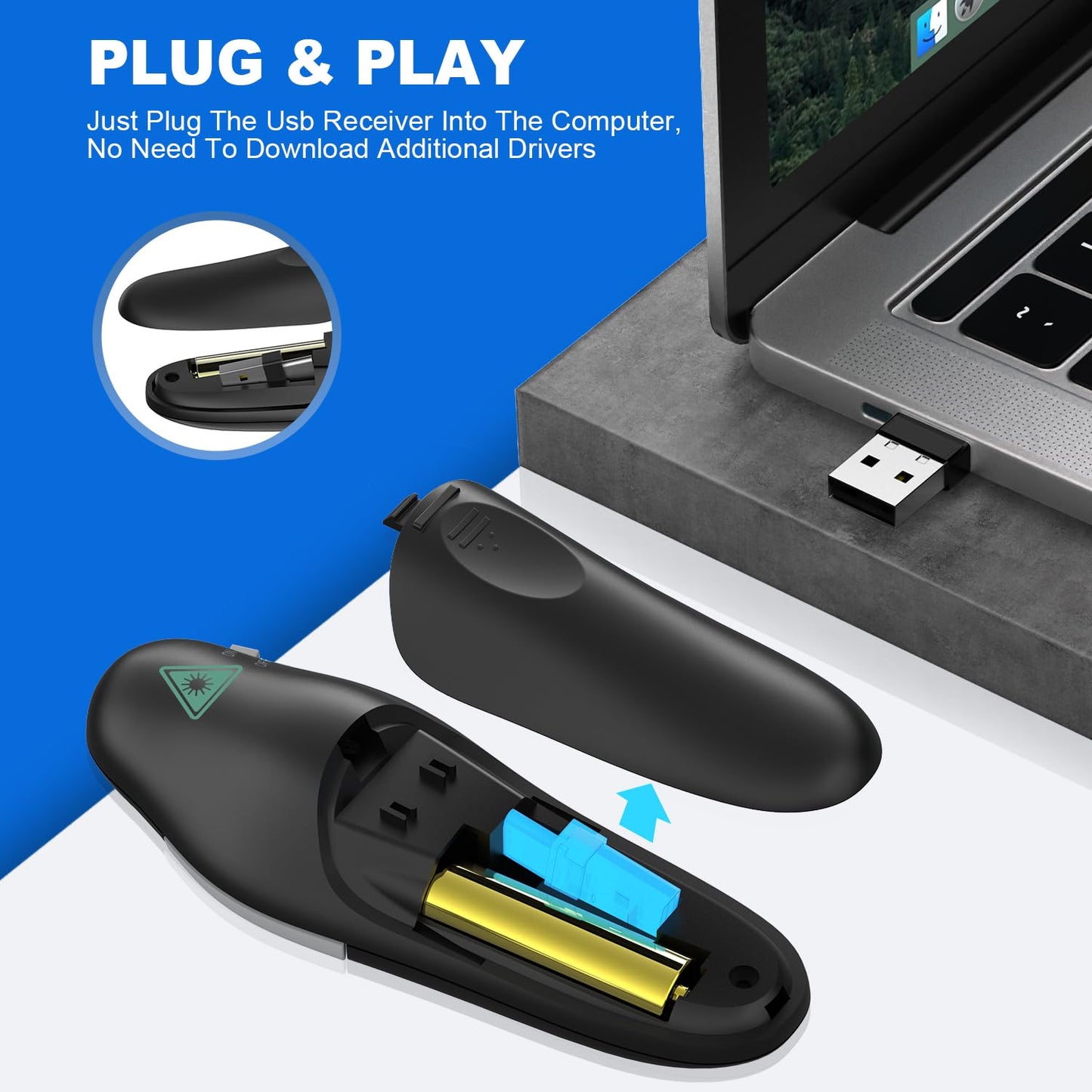 QUI 2 Pack Presentation Clicker, Wireless Presenter Remote Clicker for PowerPoint, Slide Advancer for Mac, Windows, Google Slide, Keynote (USB Type-c, Black Silver)