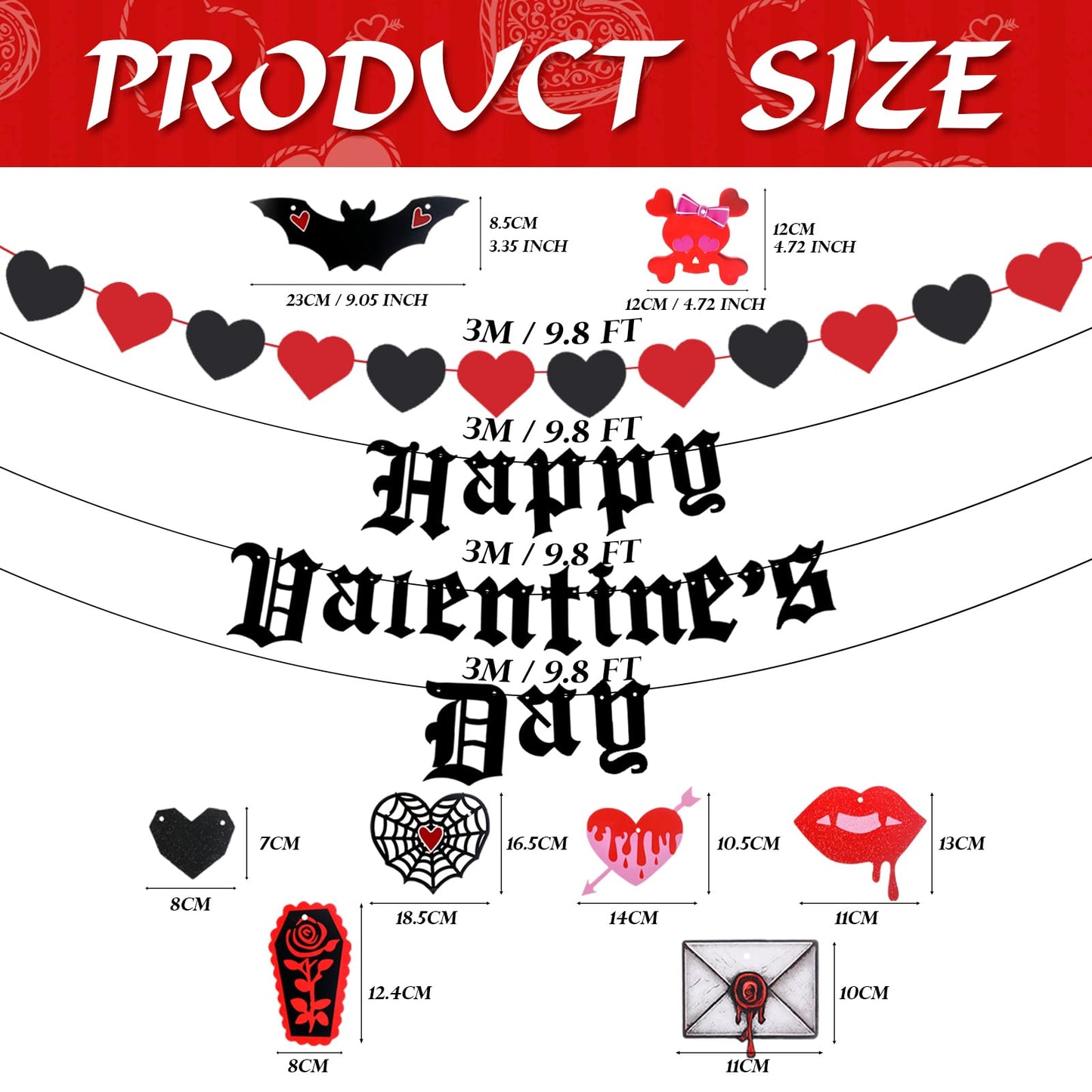 Janinka Gothic Valentines Decor Spooky Goth Valentine Day Decor Black Romantic Gothic Heart Garland Black Bat Theme Banner Garland Pre-assembled Hanging Heart Swirls for Wedding Engagement Anniversary