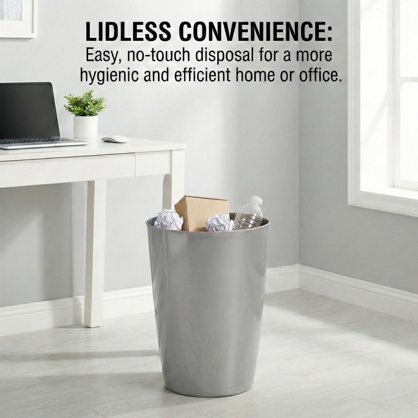 Mini Waste Basket - Durable Small Plastic Garbage Trash Can Bin - Lidless Open-Top, Slim Profile for Compact Spaces - Suitable for Home, Bathroom, Office, Bedroom, Kitchen and More, Silver Brushed