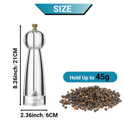 Salt and Pepper Grinder Set, Pepper Mills Classic Manual Transparent Acrylic Rotor, 2PCS 8IN Large Capacity Pepper & Salt Grinder Seasoning Bottle, Ceramic Core Adjustable Coarseness for Fresh Spices