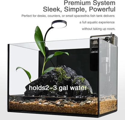 Fish Tank,2.8 Gallon Small Aquarium Kit,Glass Small Fish Tank,Betta Fish Tank with Light and Filter, Small Transparent Glass Fish Tank with Light and Filter