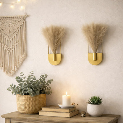 Nacidooka 2 Pcs Hanging Planters with Artificial Pampas Wall Plant Holder for Indoor Plants, Metal Hanging Vase Modern Boho Bathroom Wall Decor for Home Living Room Hallway Office(Gold)