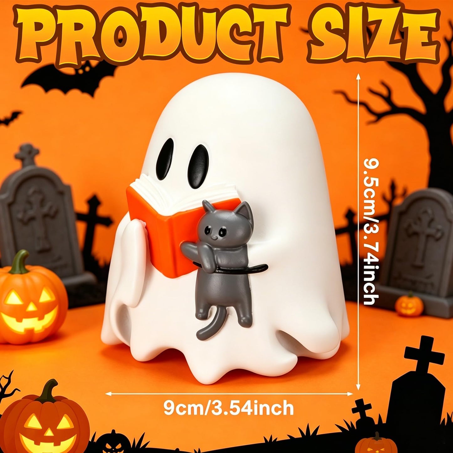 Vicenpal Halloween Ghost Reading Book with Cat Figurine Resin Spooky Tabletop Decor for Indoor Home Office Bookshelf Coffee Table Centerpieces Party Props