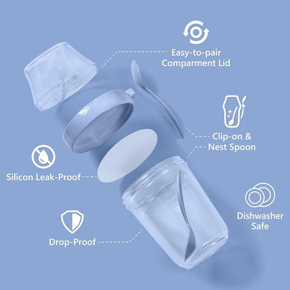 Felli On the Go Yogurt Parfait Snack Cup with Lid 100% Leak Proof, Reusable Travel Container with Spoon + Fruit & Granola Holder for To Go Cereal, Overnight Oats, Chia Pudding Jar (2, Blue Moon)