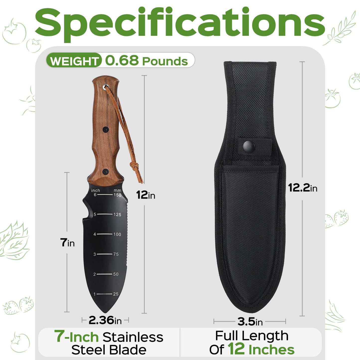 Hori Hori Garden Knife, Garden Tools Trowel with EDC Sheath, Gardening Tools for Weeding Digging Planting with 7" Stainless Steel Blade,Dual-Scale Measurement,Hanging Hole, Gifts for Women Mom Men Dad