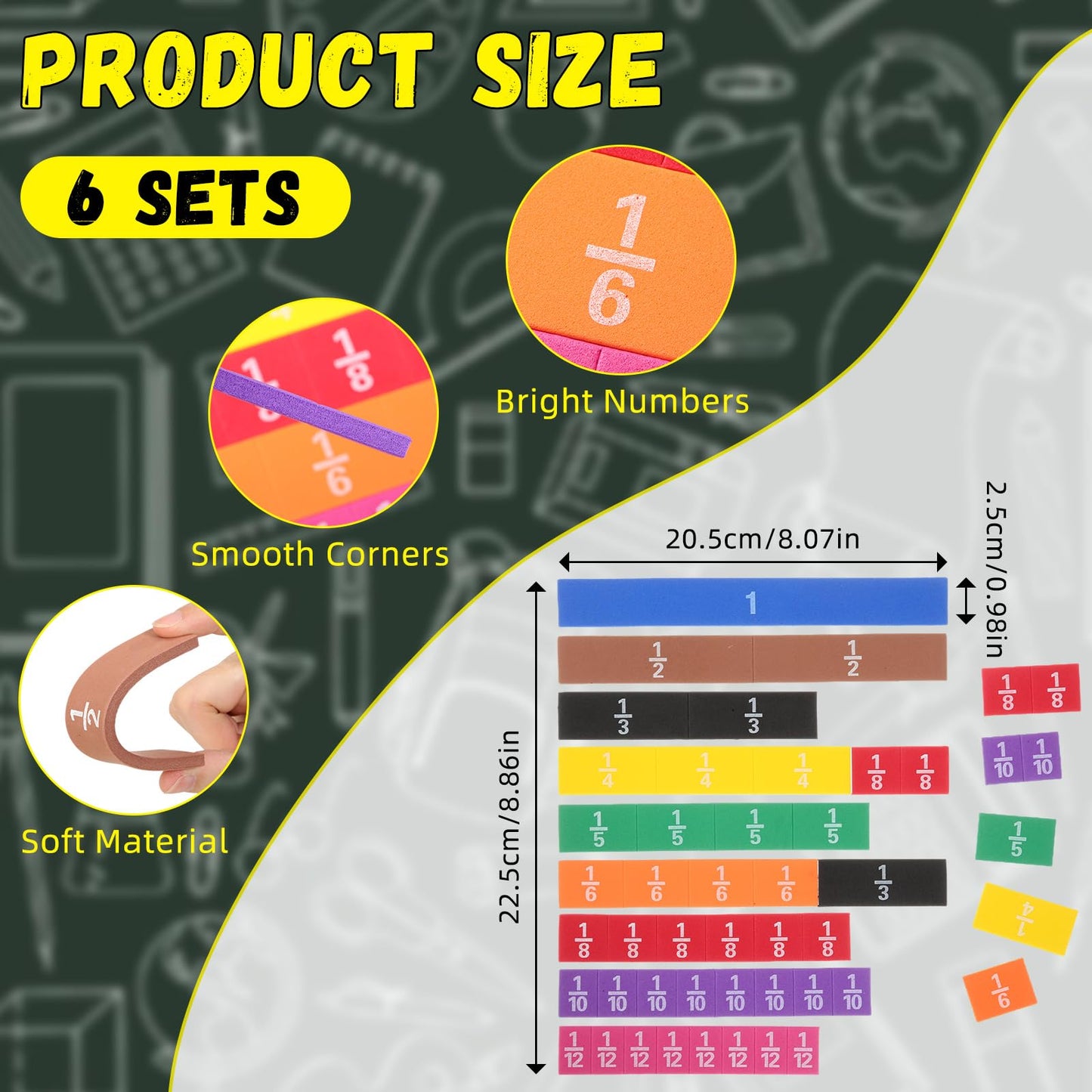 Sayglossy 6 Sets Fraction Tiles Set for Math Classroom Fractions Manipulatives Math Manipulatives for Home School Supplies