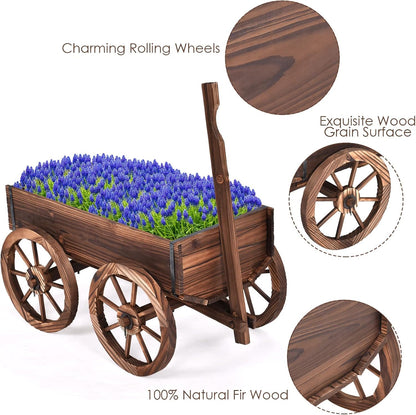 LDAILY Wooden Wagon Planter Pot, Decorative Flower Cart with Handle, Wheels, Drain Holes, Outdoor Rustic Wheelbarrow Planter Stand for Patio, Garden, Backyard, Balcony, Brown