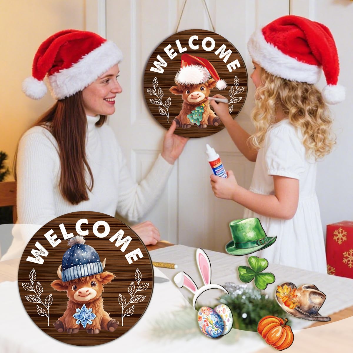 Riletese Easter Interchangeable Welcome Sign Wooden Highland Cow Seasonal Holiday Decor with Magnet Pieces and Detachable Hats Front Door Yard Home Decorations Gift (Highland Cow)