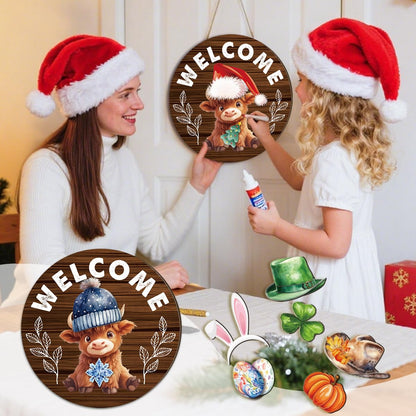 Riletese Easter Interchangeable Welcome Sign Wooden Highland Cow Seasonal Holiday Decor with Magnet Pieces and Detachable Hats Front Door Yard Home Decorations Gift (Highland Cow)