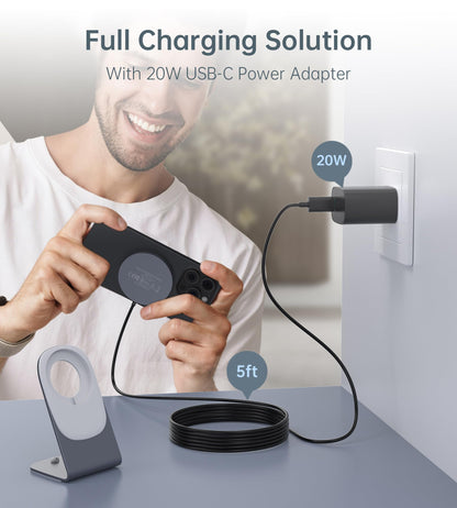 Magnetic Wireless Charger for iPhone 17/16/15/14/13/12 - Mag Charger+20W USB C Adapter, Fast Wireless Charging Stand/Pad with 5ft USB-C Cable for iPhone 17/16/15/14/13/12 Pro Max Plus Mini Air, Airpod