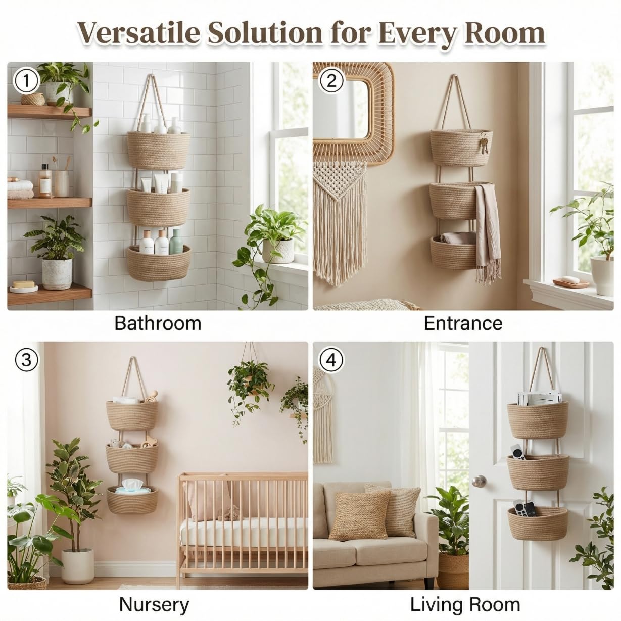 Britwicfr Hanging Wall Basket, Over the Door Hanging Basket with Hooks, Cotton Back of Door Organizer for Living Room, Bedroom, Boho Wall Decor, Toy Storage, Jute