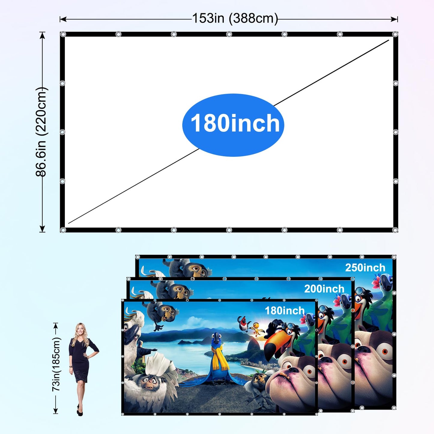 Projector Screen 180 inch,Portable Large Movie Projector Screen 16:9 HD Indoor Outdoor Double Sided Rear Projection Screen Video for Home, Party, Office, Classroom
